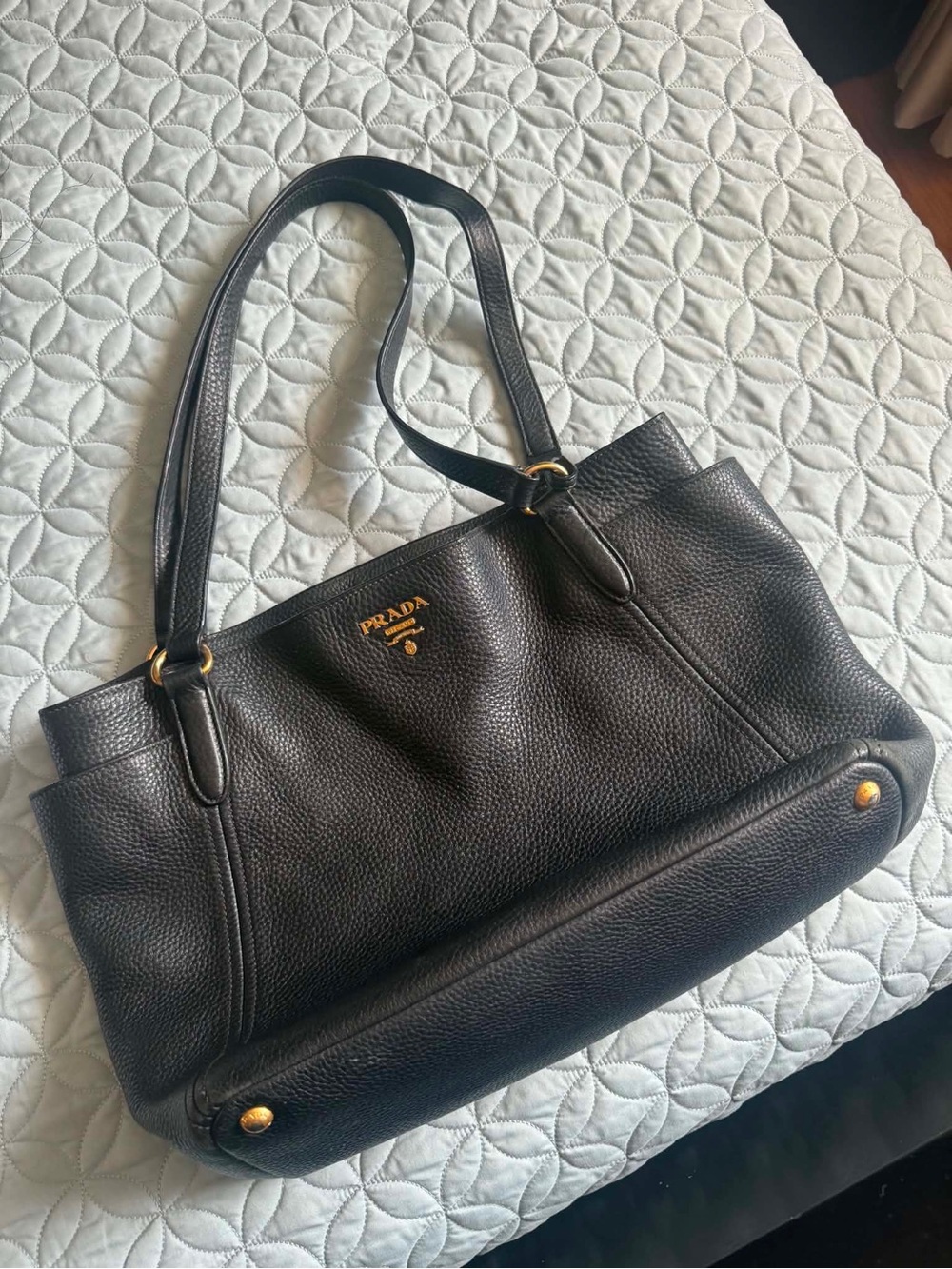 Prada Black Pebbled Leather Shoulder Tote with Gold Logo